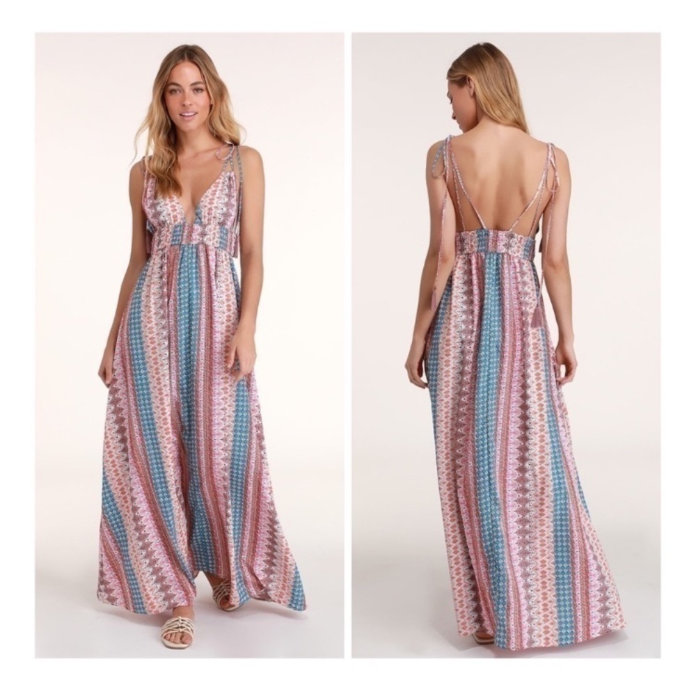 Lulu's Womens Size S Maxin' Relaxin' Blue Multi Print Sleeveless Tie-Strap Maxi